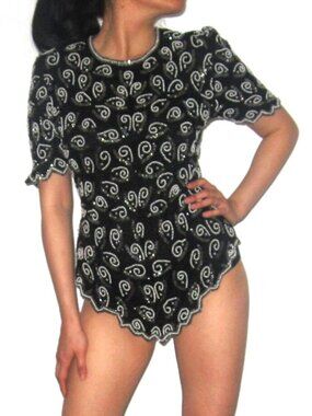 Vintage‎ Black White Silver All  Over Beaded Cap Sleeve Top